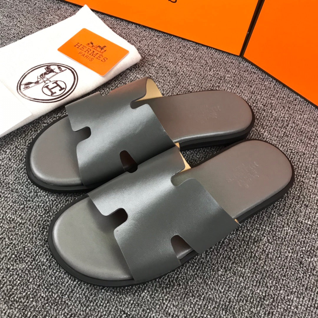 Hermes Lzmir Slipper Gray Smooth Calfskin Leather