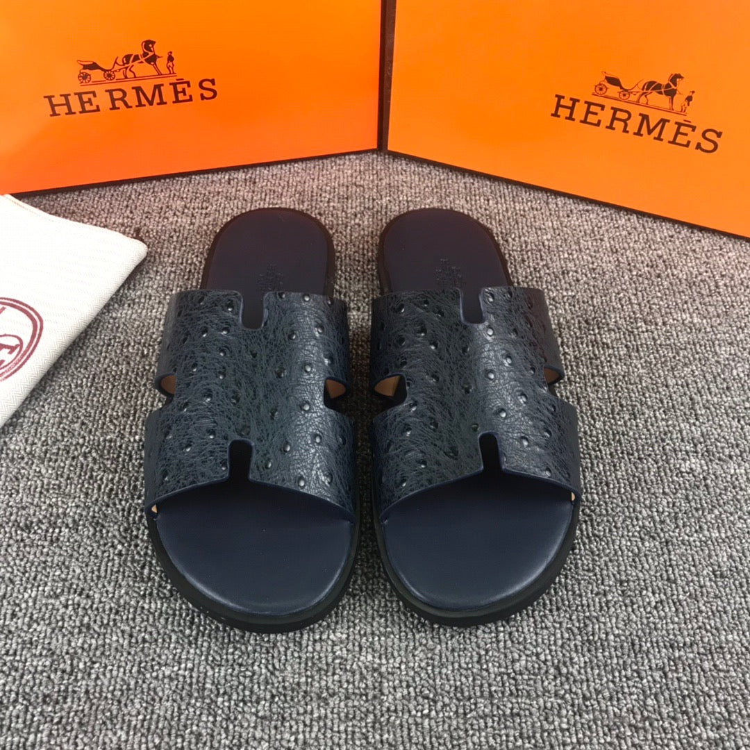 Hermes Ostrich Leather Black Slippers