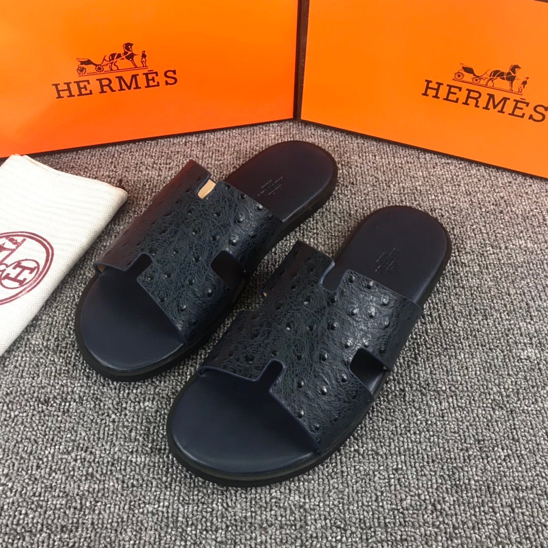 Hermes Ostrich Leather Black Slippers