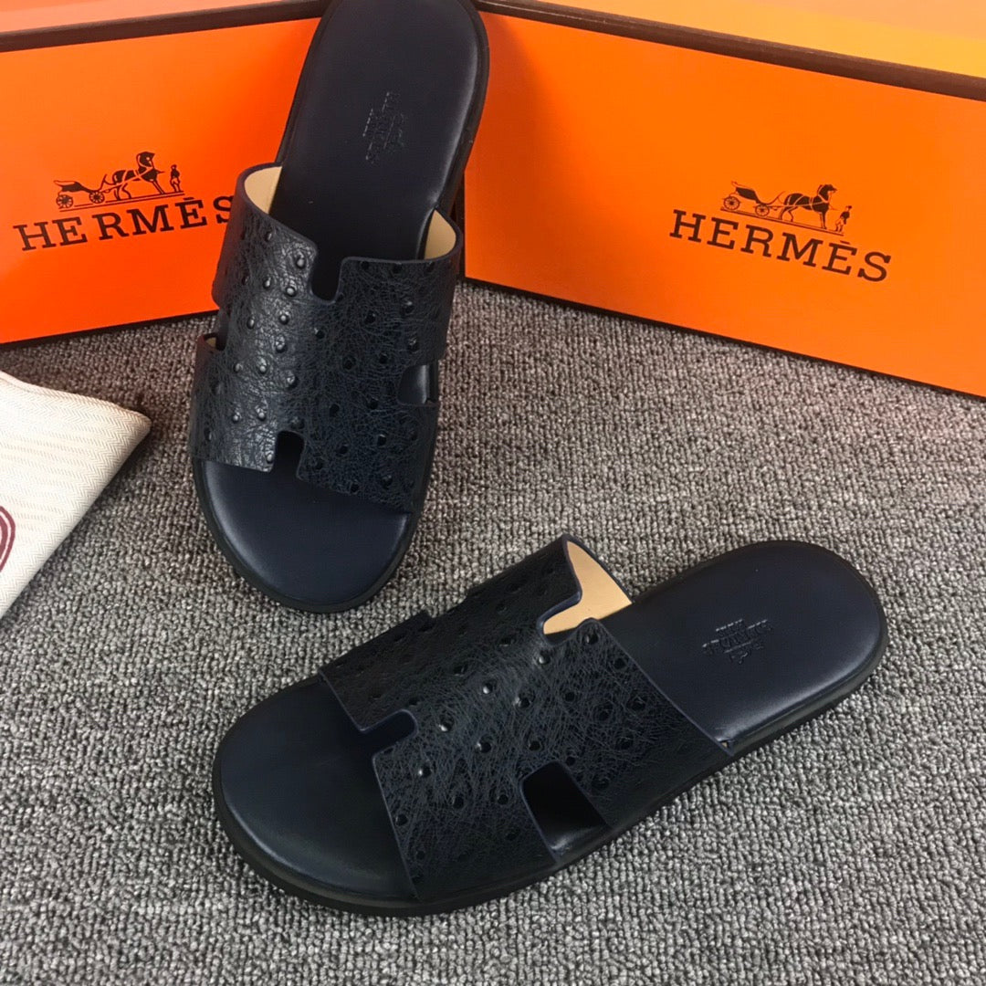 Hermes Ostrich Leather Black Slippers