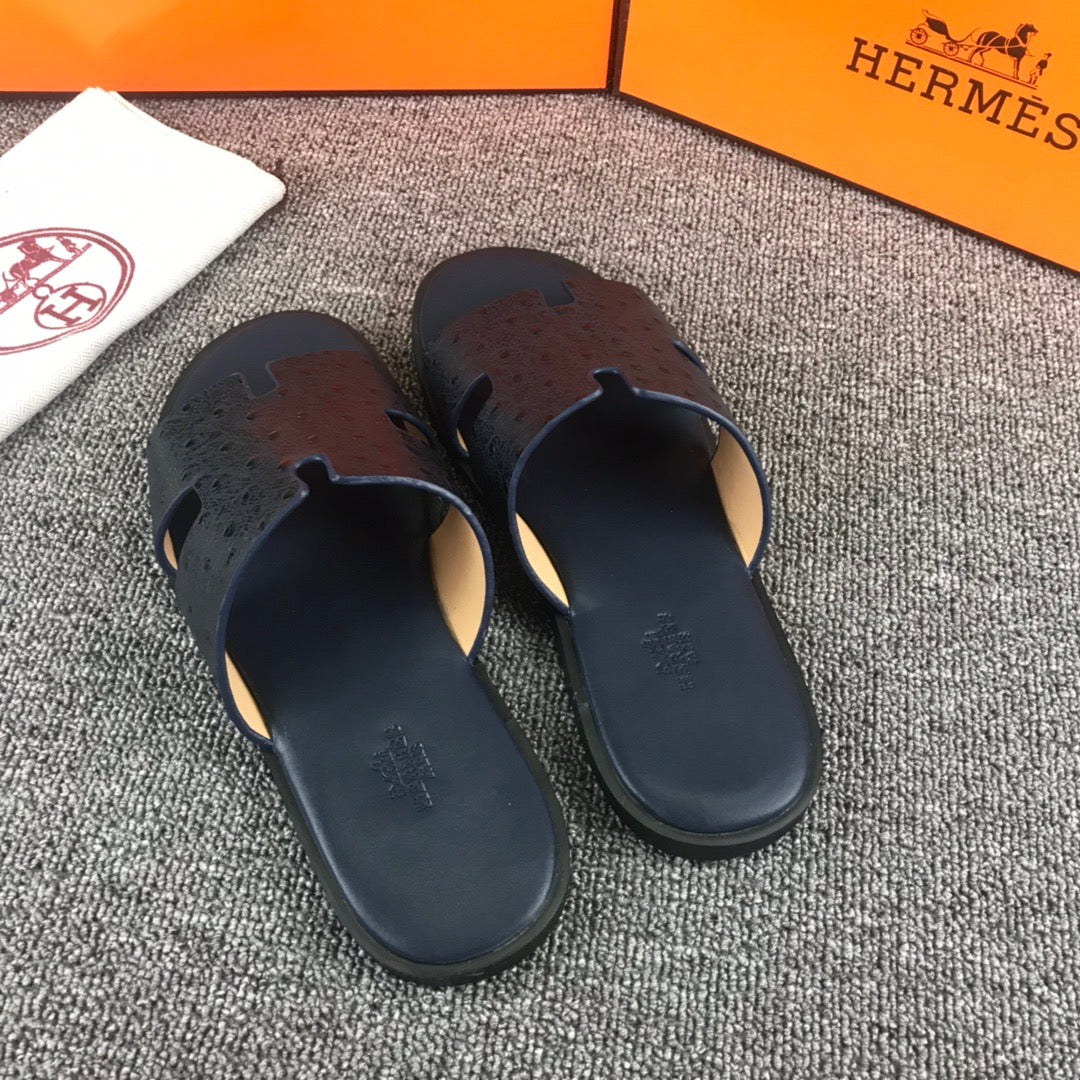 Hermes Ostrich Leather Black Slippers