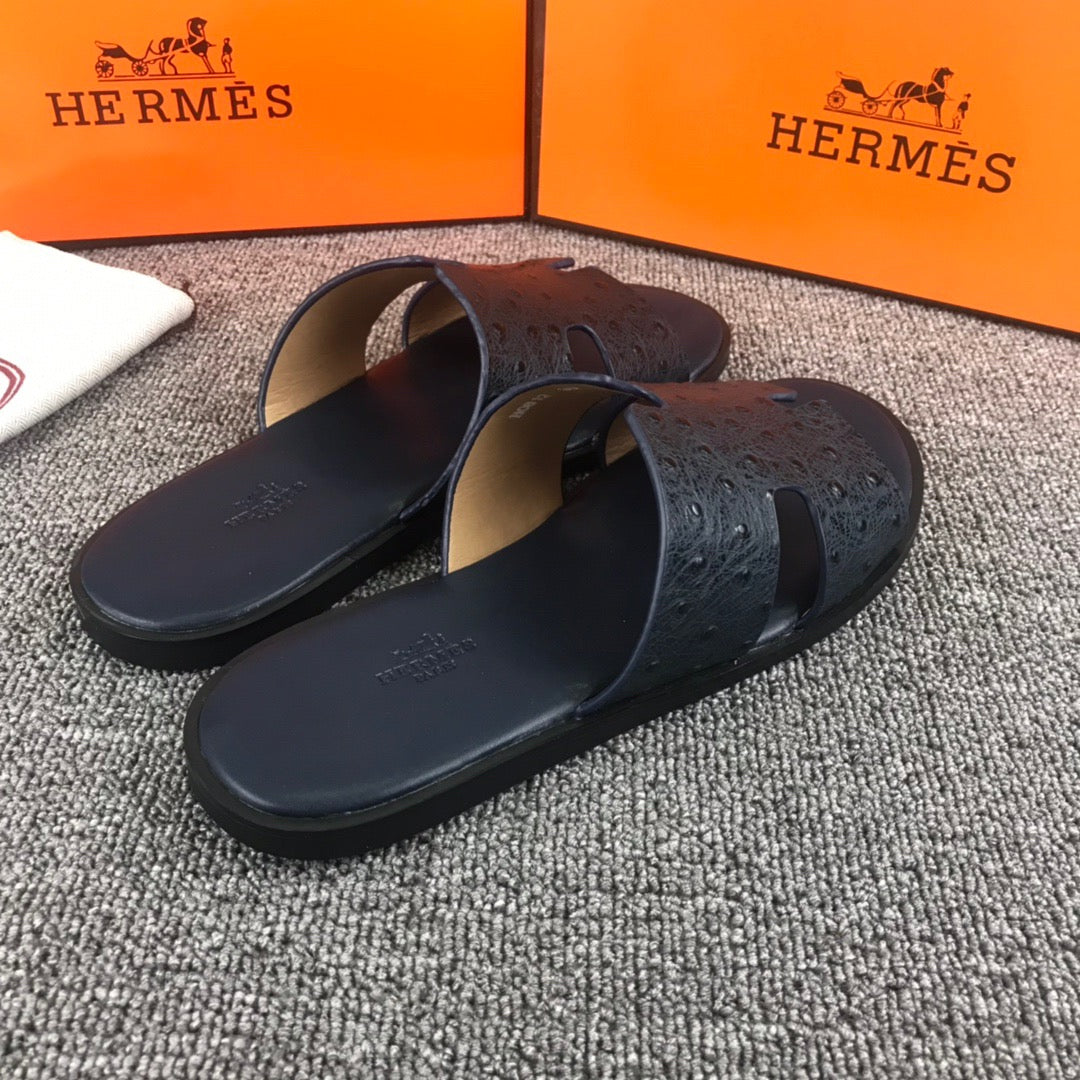 Hermes Ostrich Leather Black Slippers