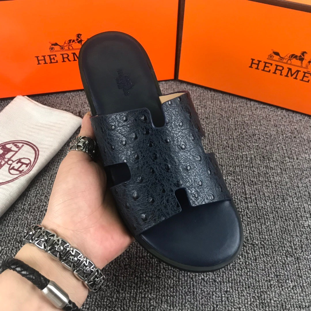 Hermes Ostrich Leather Black Slippers