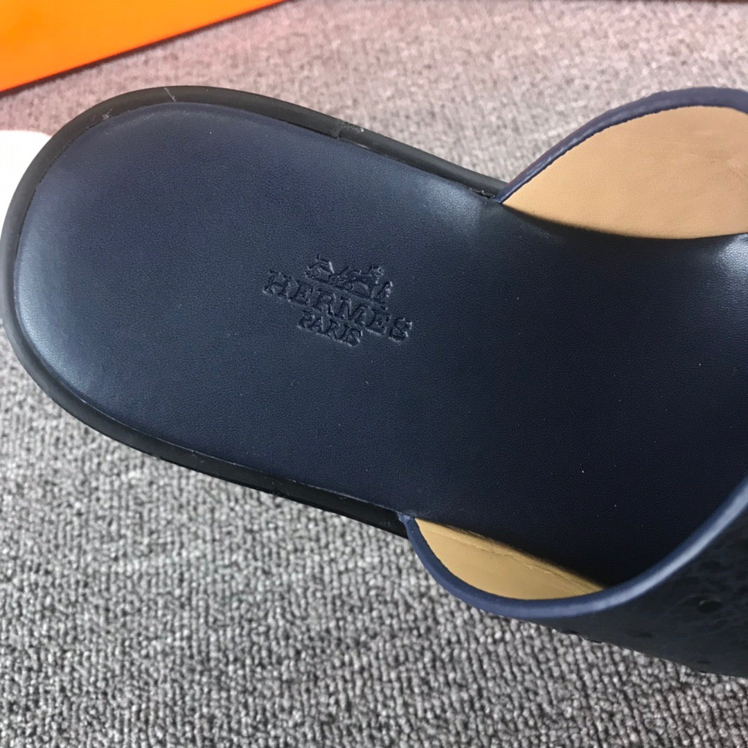 Hermes Ostrich Leather Black Slippers