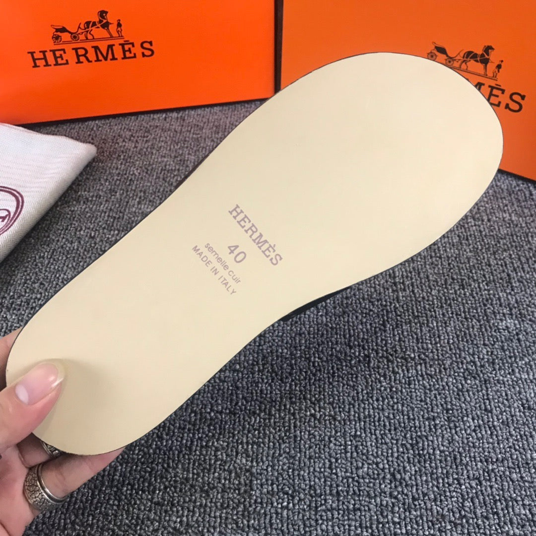 Hermes Ostrich Leather Black Slippers