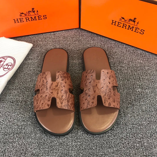 Hermes Ostrich Leather Brown Slippers