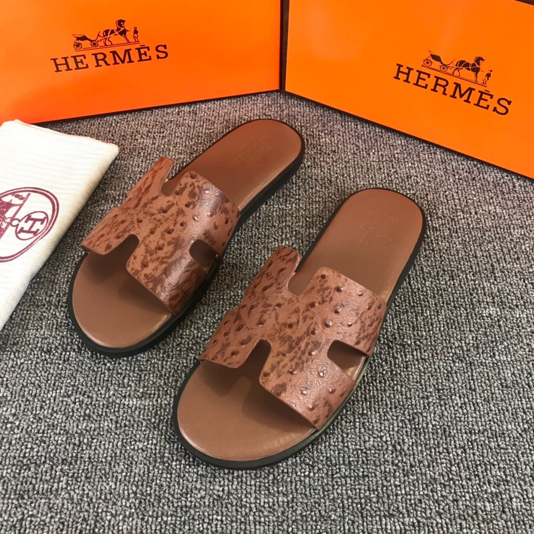 Hermes Ostrich Leather Brown Slippers