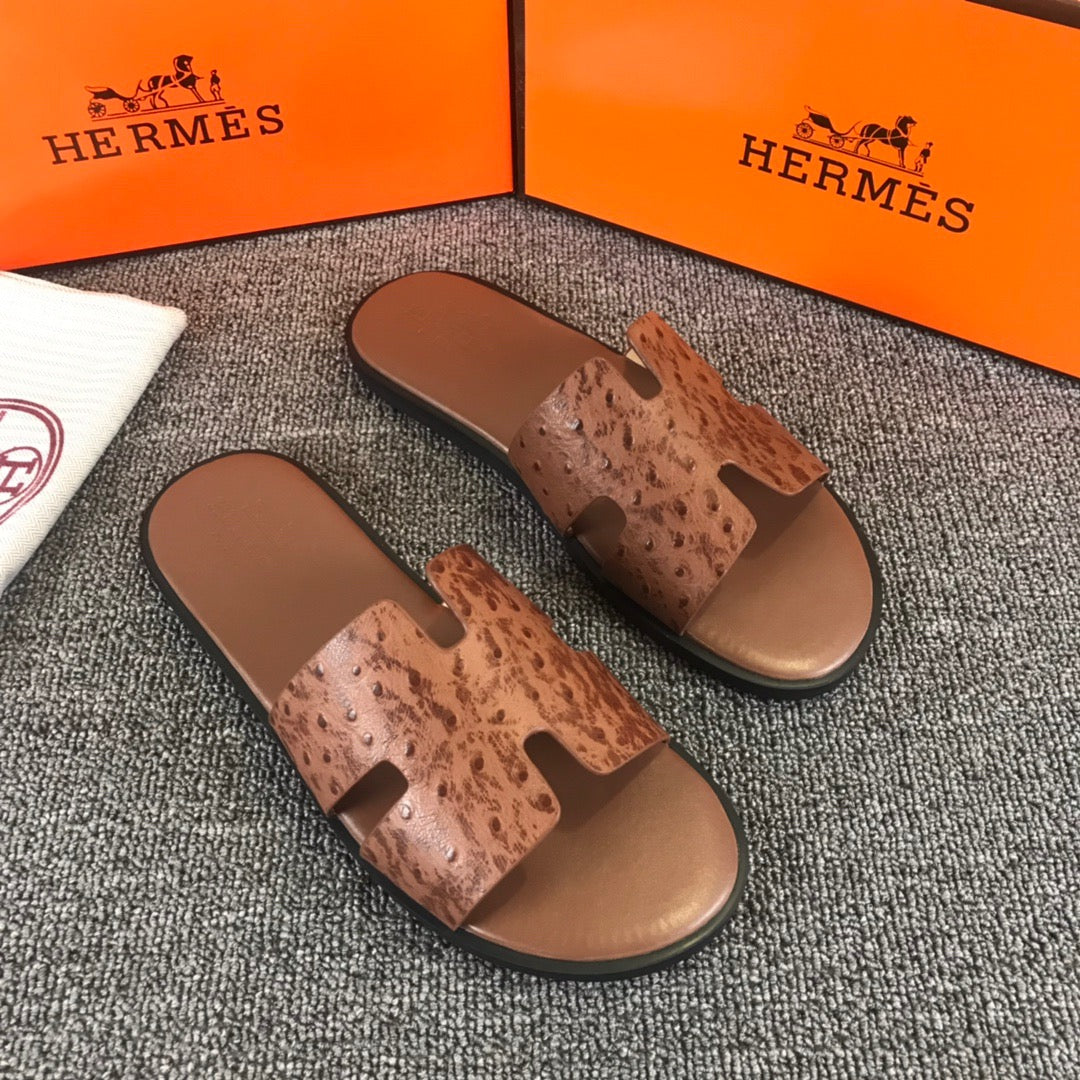 Hermes Ostrich Leather Brown Slippers