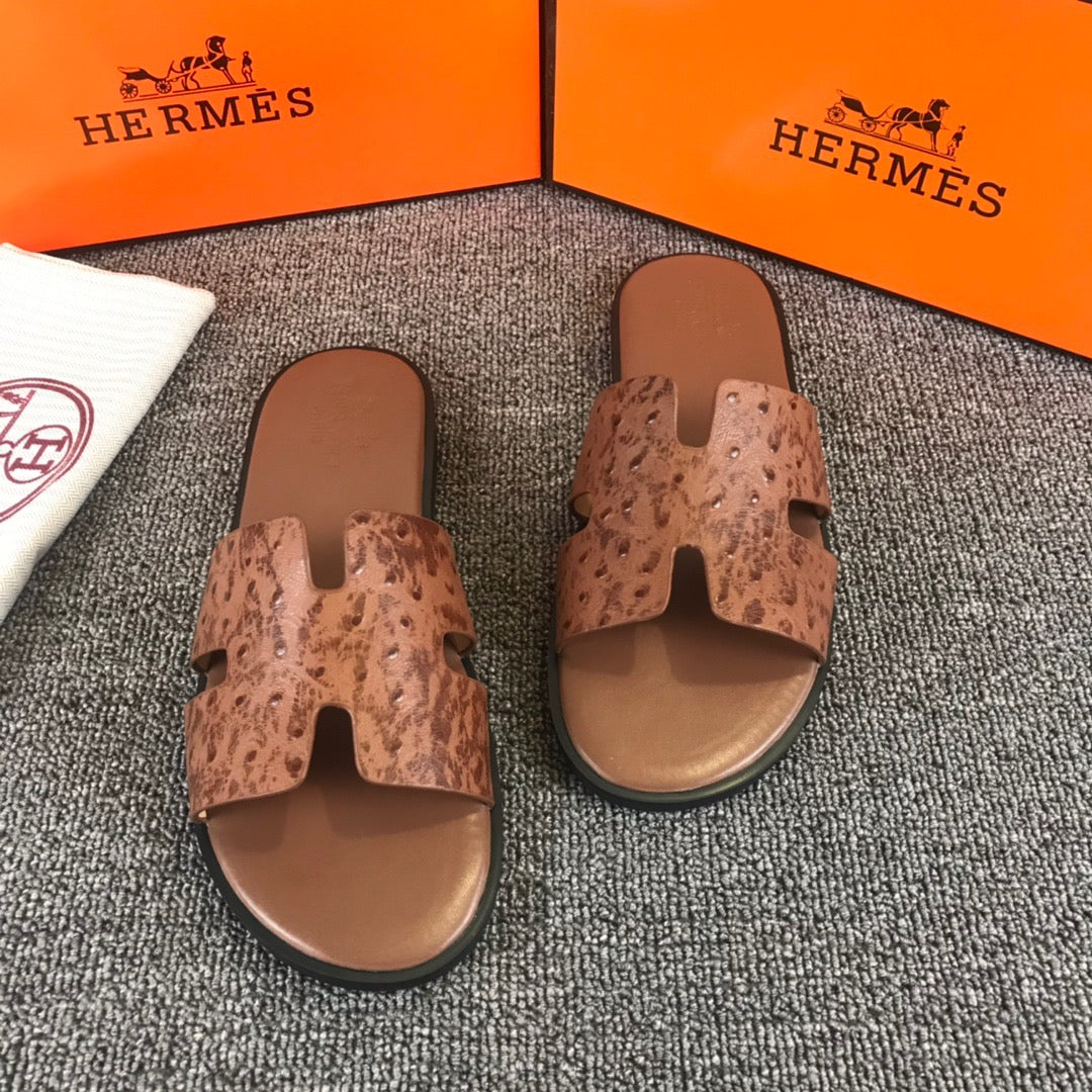 Hermes Ostrich Leather Brown Slippers