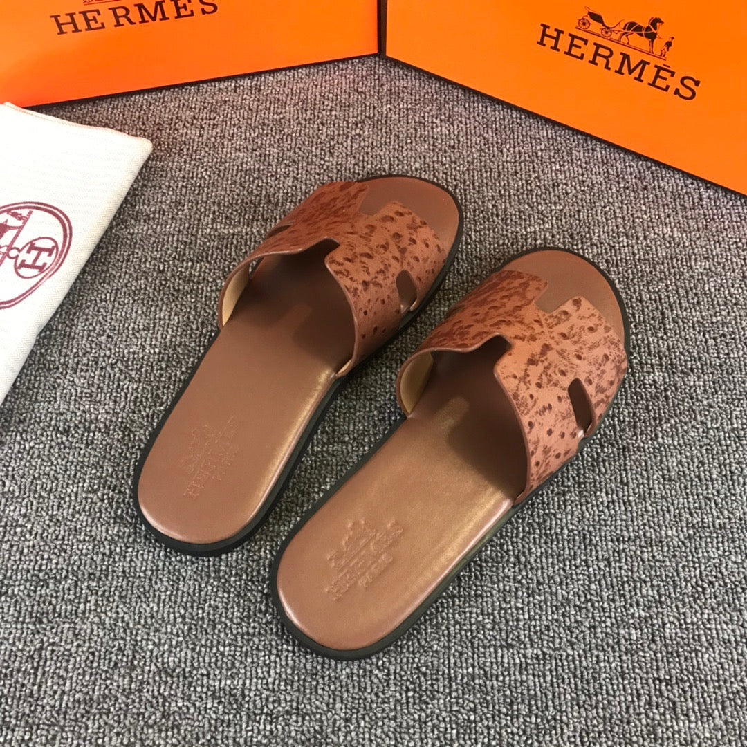 Hermes Ostrich Leather Brown Slippers