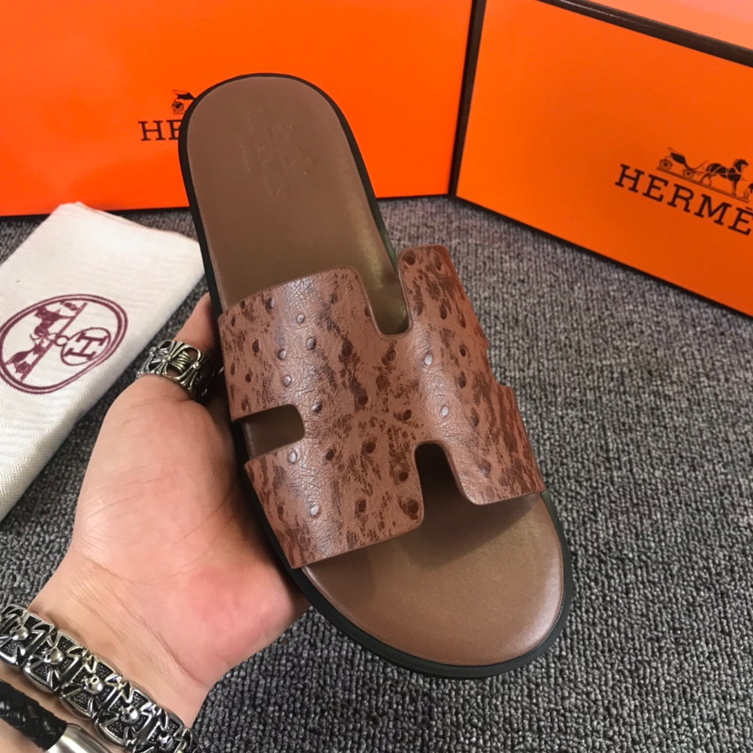 Hermes Ostrich Leather Brown Slippers