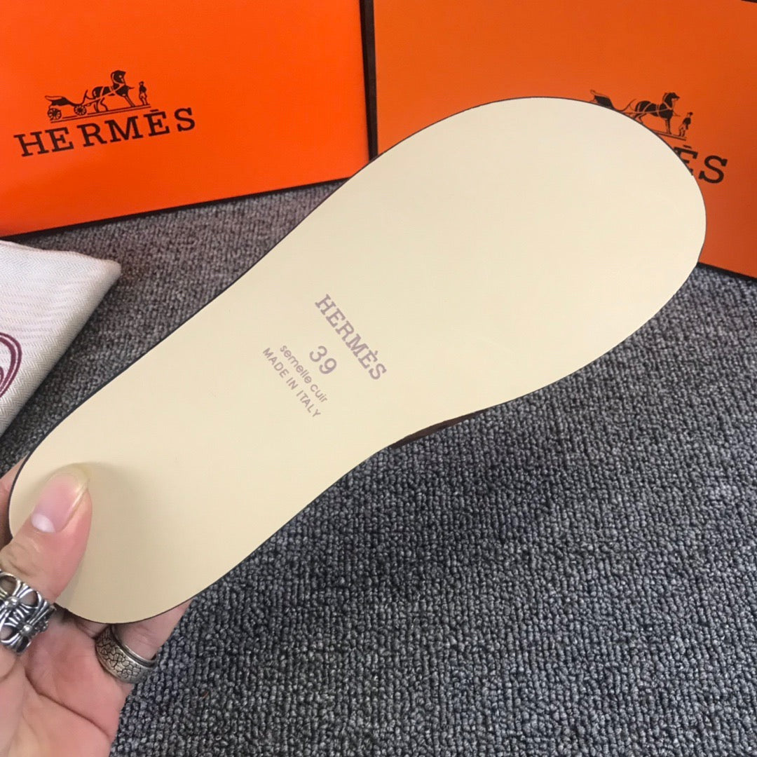 Hermes Ostrich Leather Brown Slippers