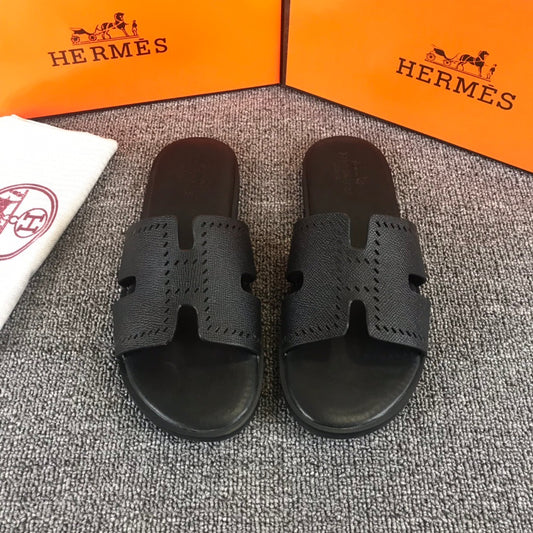 Hermes Slippers In Black Smooth Calfskin Leather