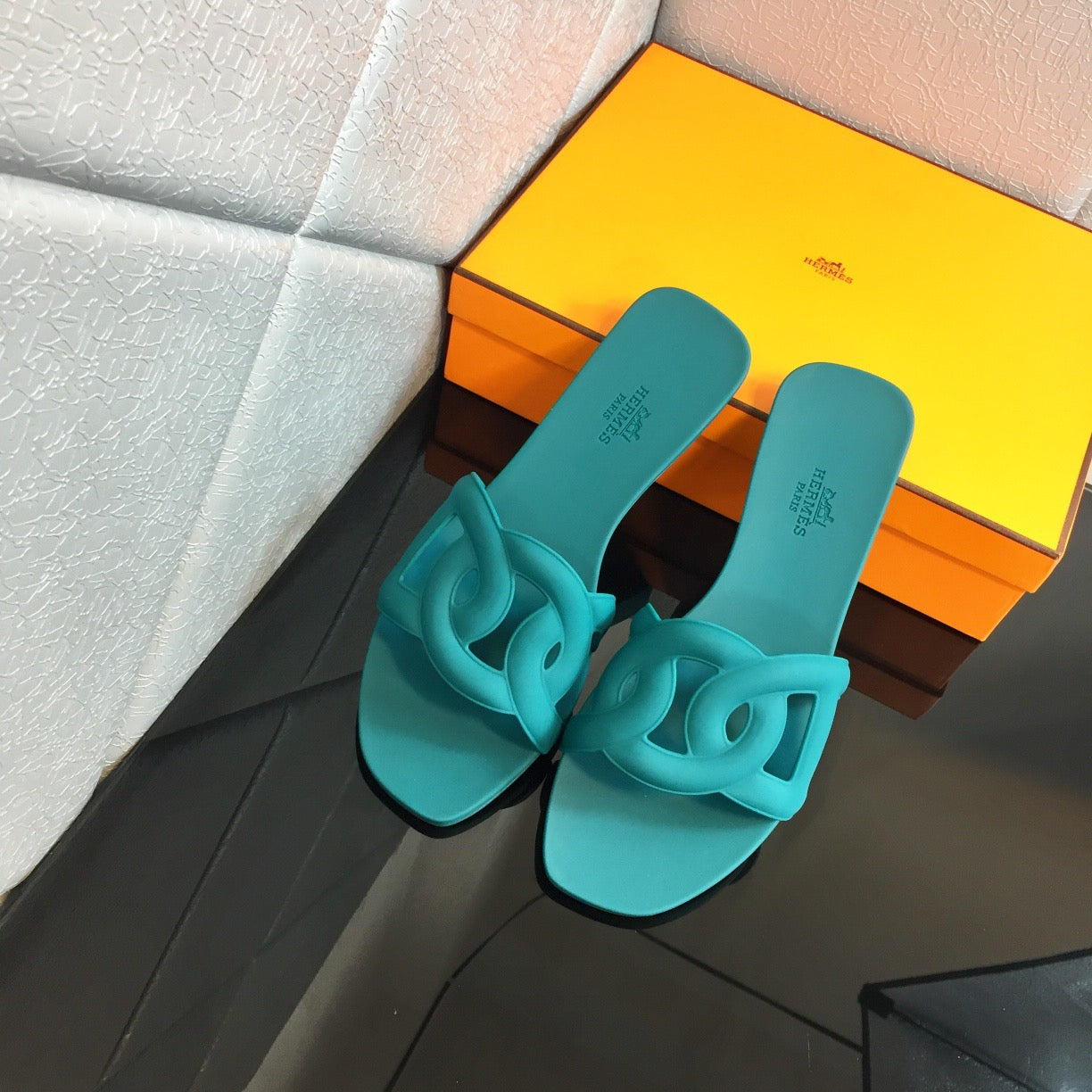 Hermes | Open Toe Rubber Sole Blue Jean Mules Slides