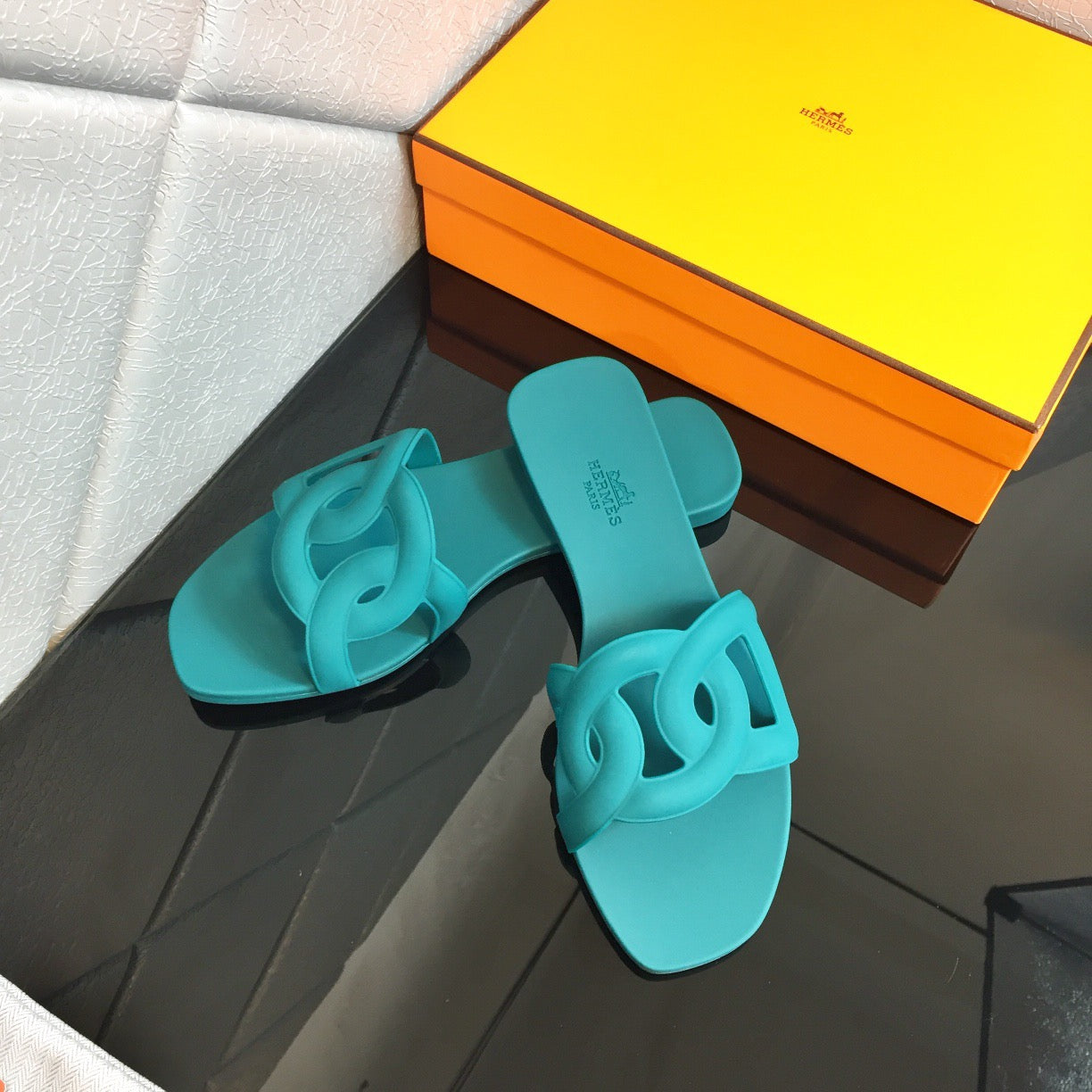 Hermes | Open Toe Rubber Sole Blue Jean Mules Slides