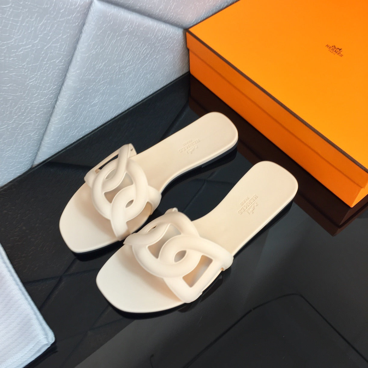 Hermes | Open Toe Rubber Sole Nude Mules Slides