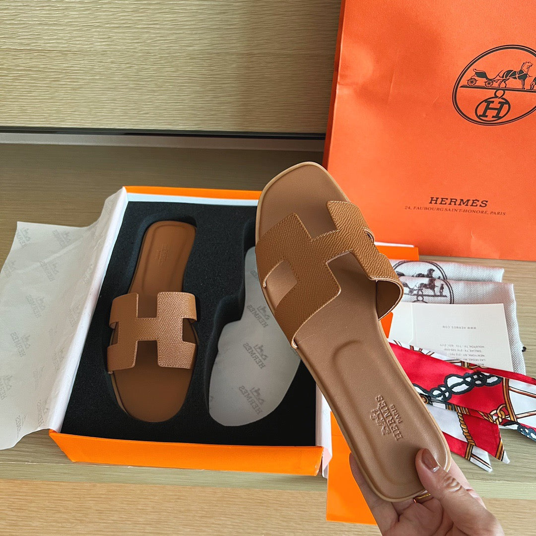 Hermes Oran Sandals In Brown Epsom Leather