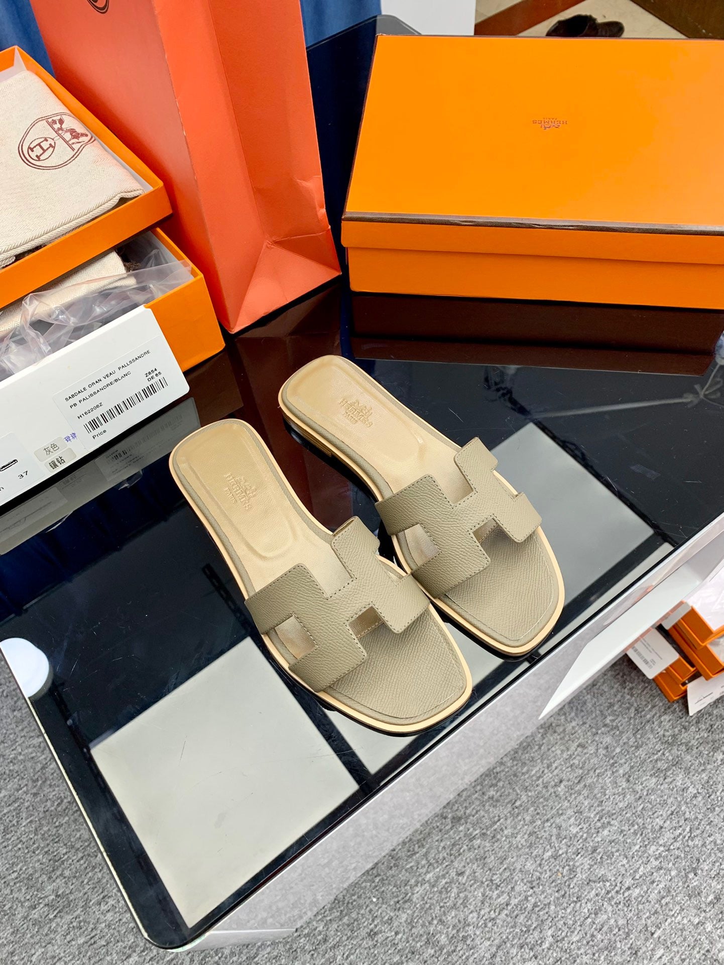 Hermes Oran Sandals In Gray Epsom Leather