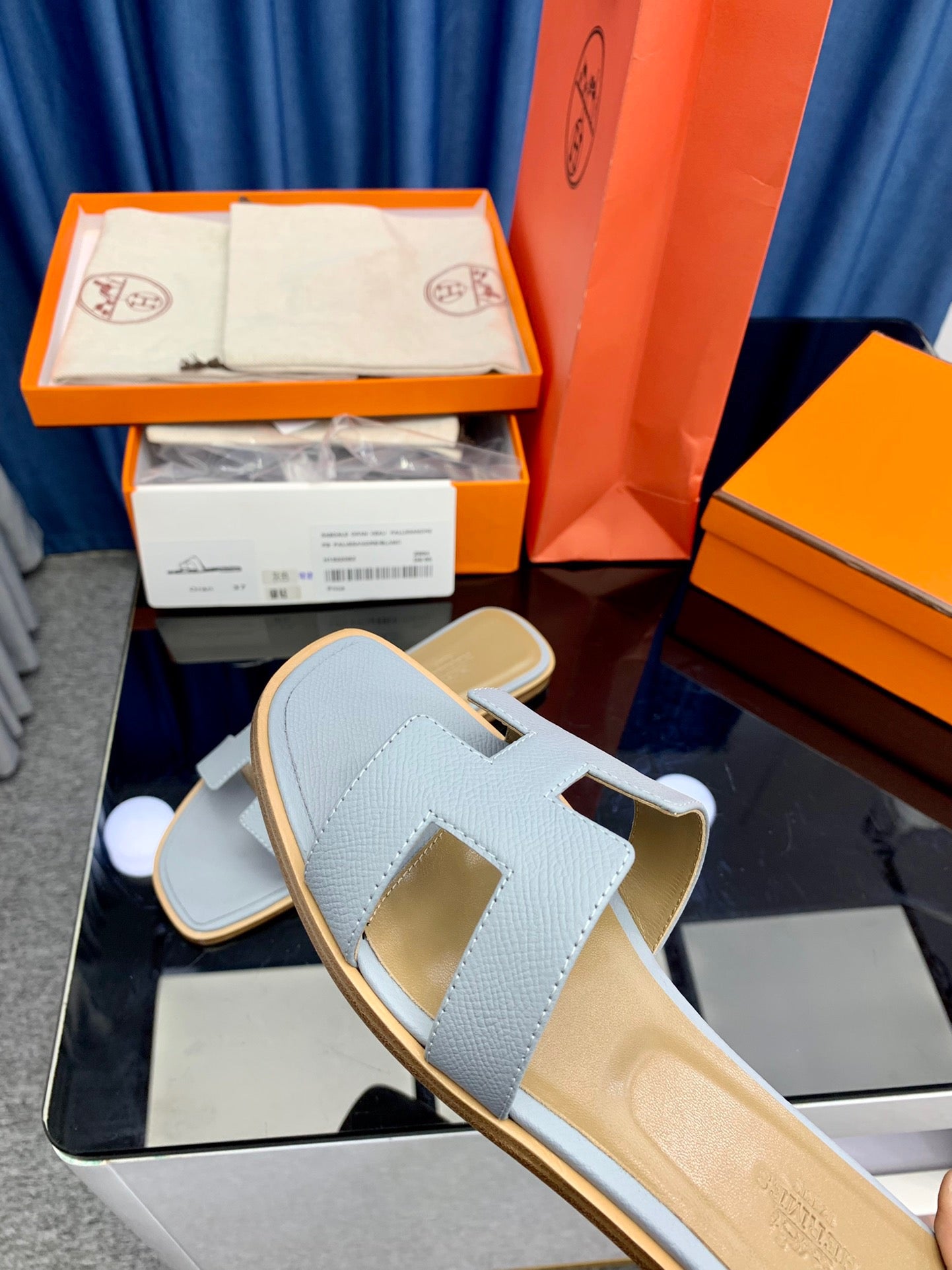 Hermes Oran Sandals In Blue Epsom Leather