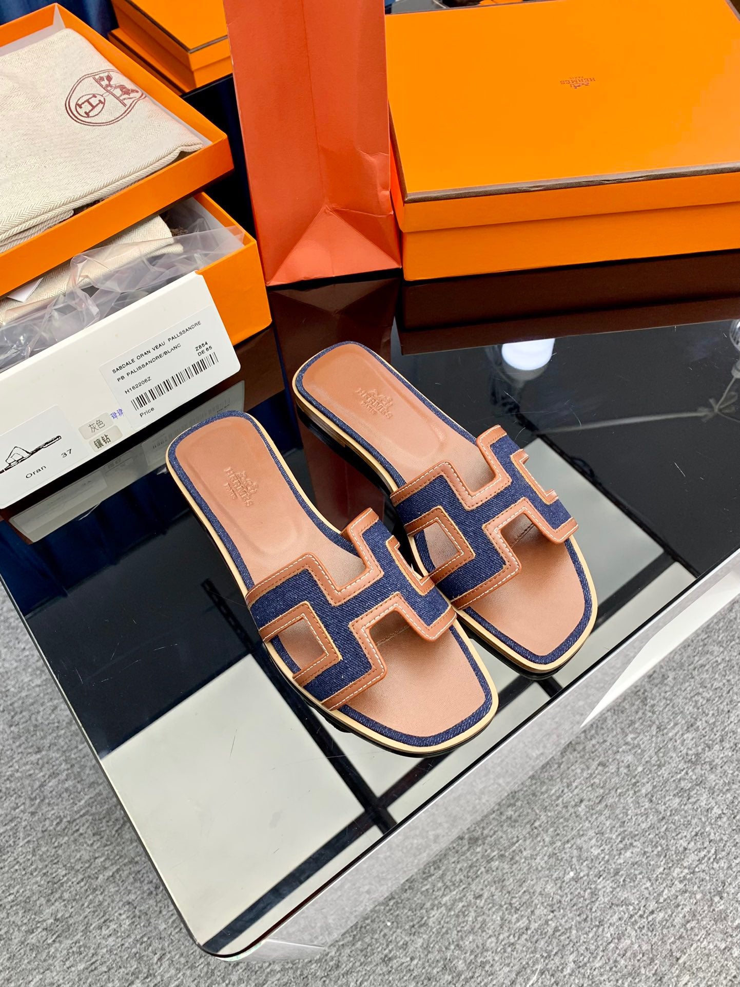 Hermès Oran Sandals Dark Blue Canvas 38.5