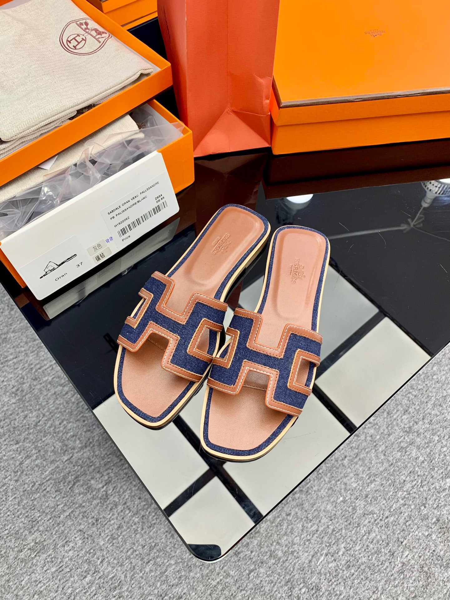 Hermès Oran Sandals Dark Blue Canvas 38.5