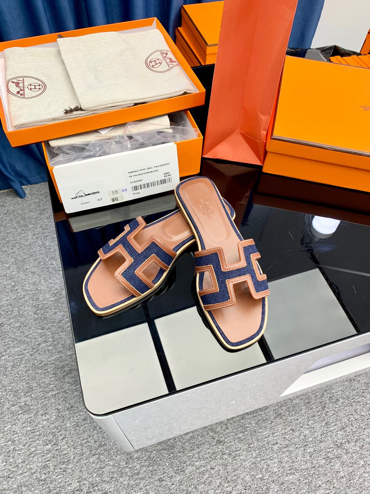 Hermès Oran Sandals Dark Blue Canvas 38.5