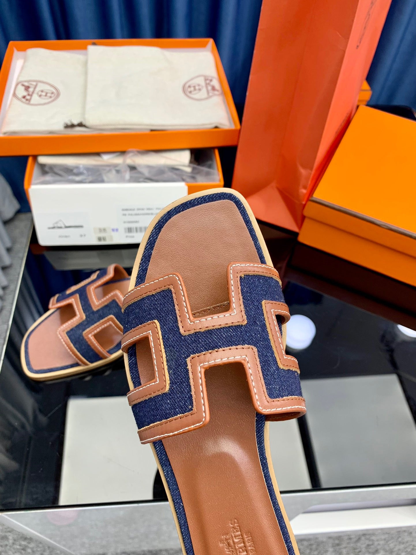 Hermès Oran Sandals Dark Blue Canvas 38.5