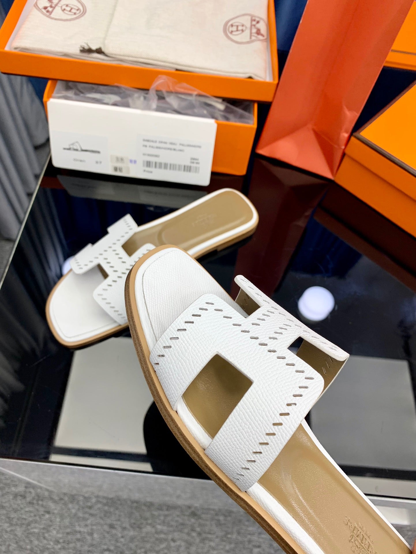 Hermes Oasis Sandals In White Perforated Epsom Leather