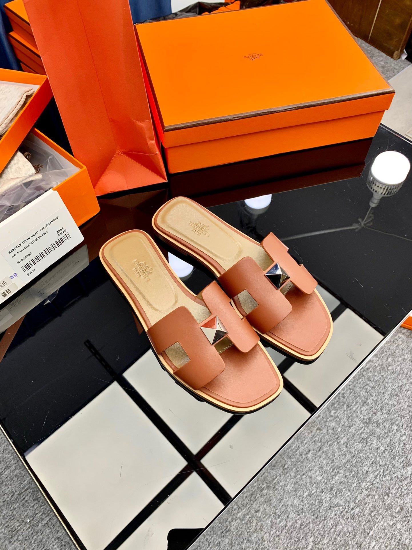 Hermès Oran Sandals Brown Box Calfskin