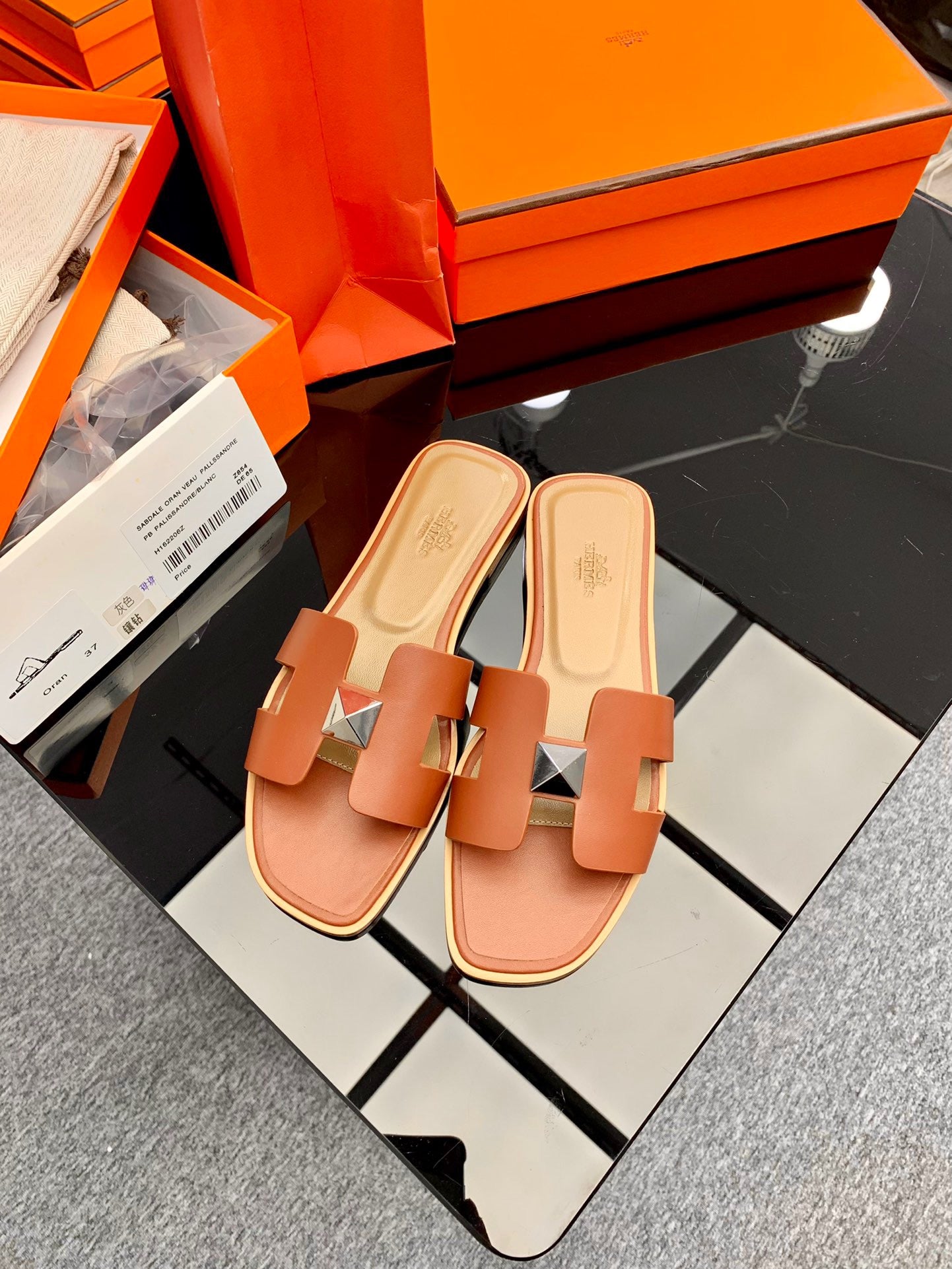 Hermès Oran Sandals Brown Box Calfskin