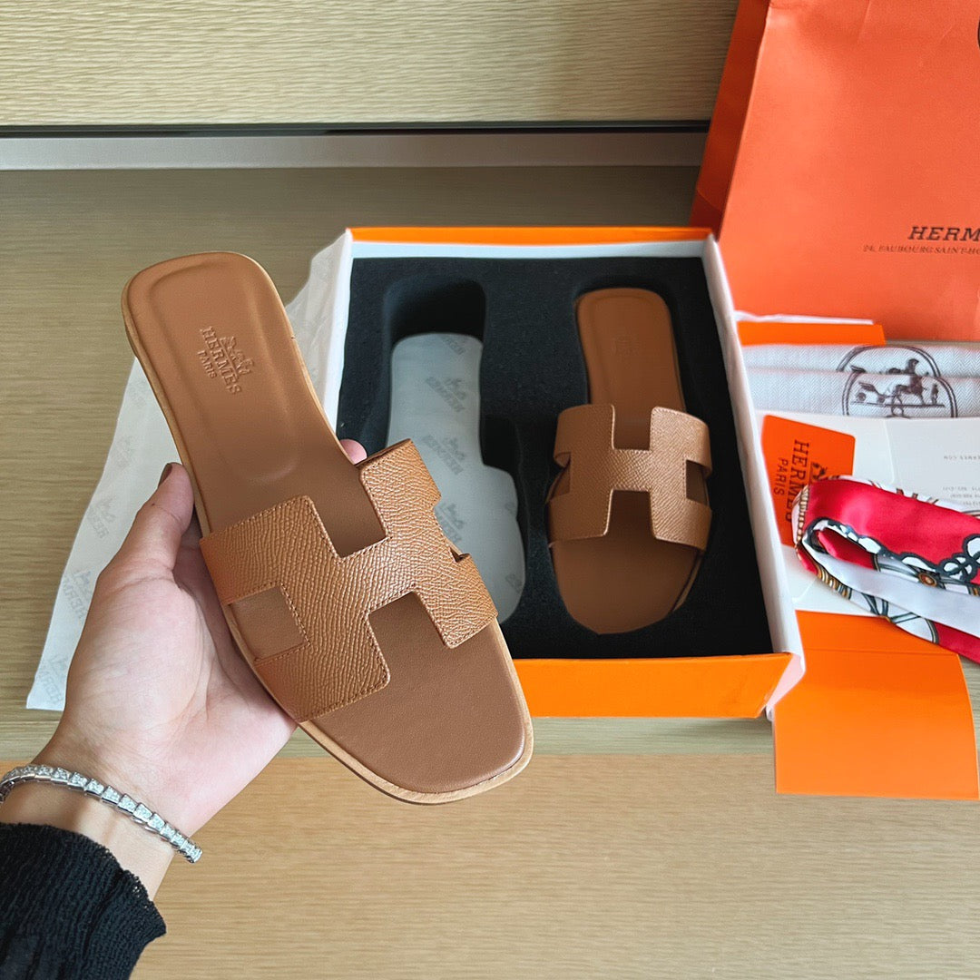 Hermès Oran Sandals Gold Brown Box Calfskin