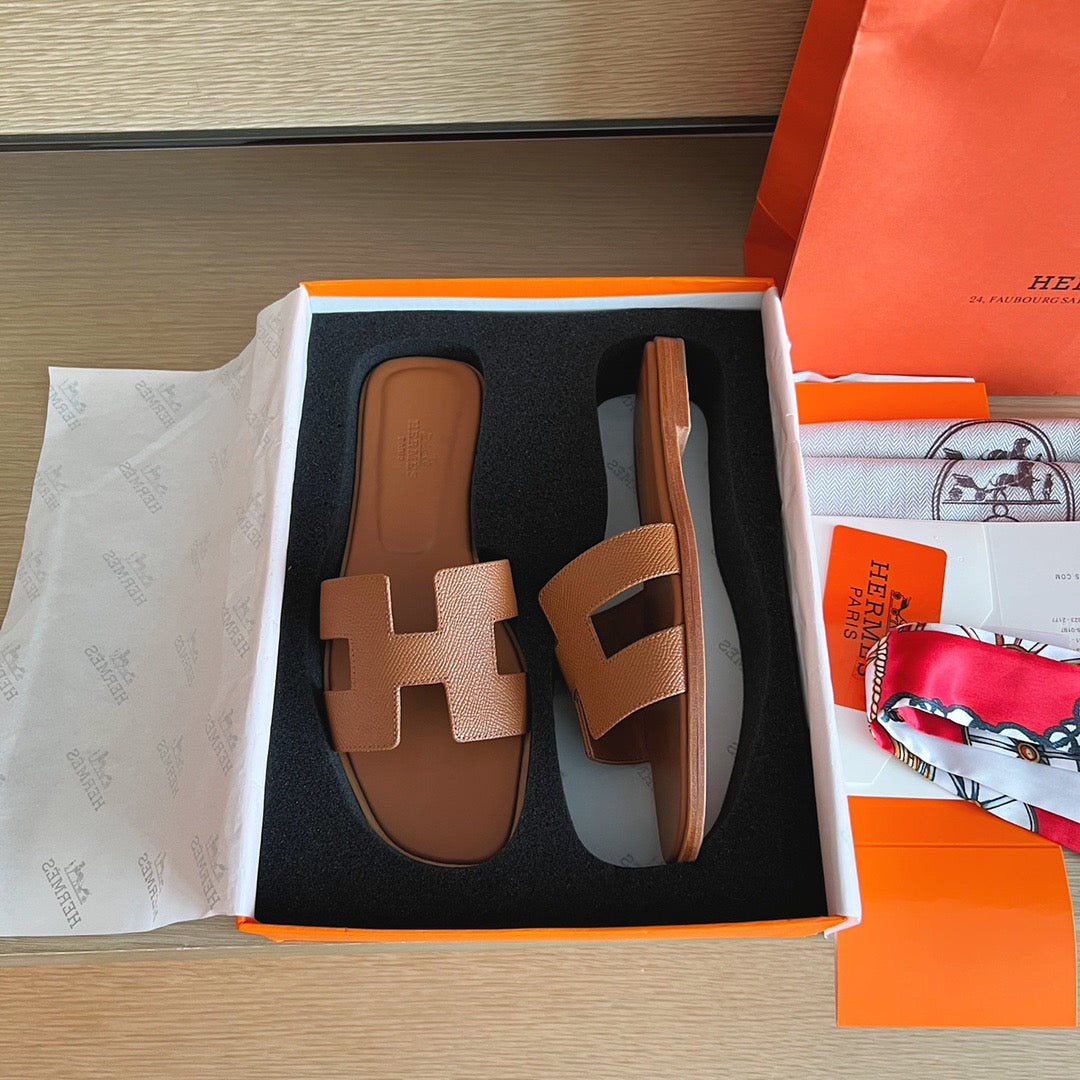 Hermès Oran Sandals Gold Brown Box Calfskin