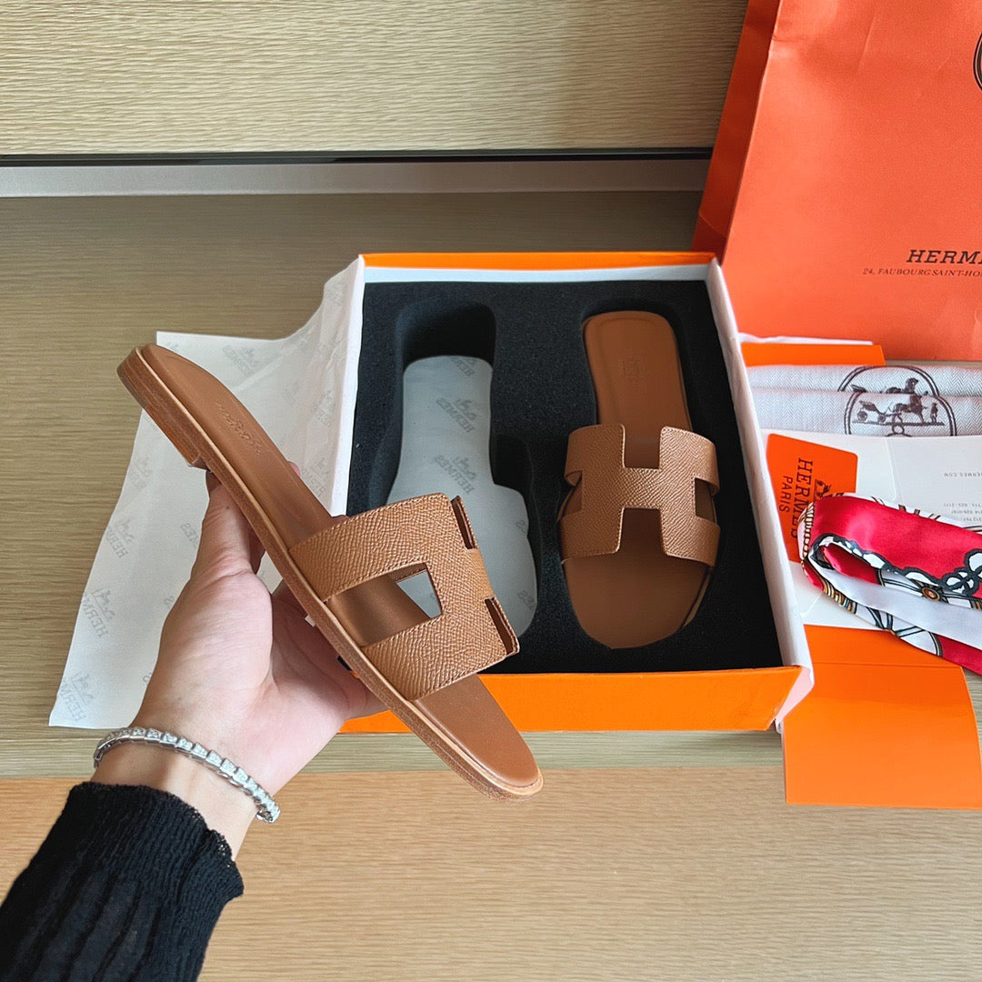 Hermès Oran Sandals Gold Brown Box Calfskin