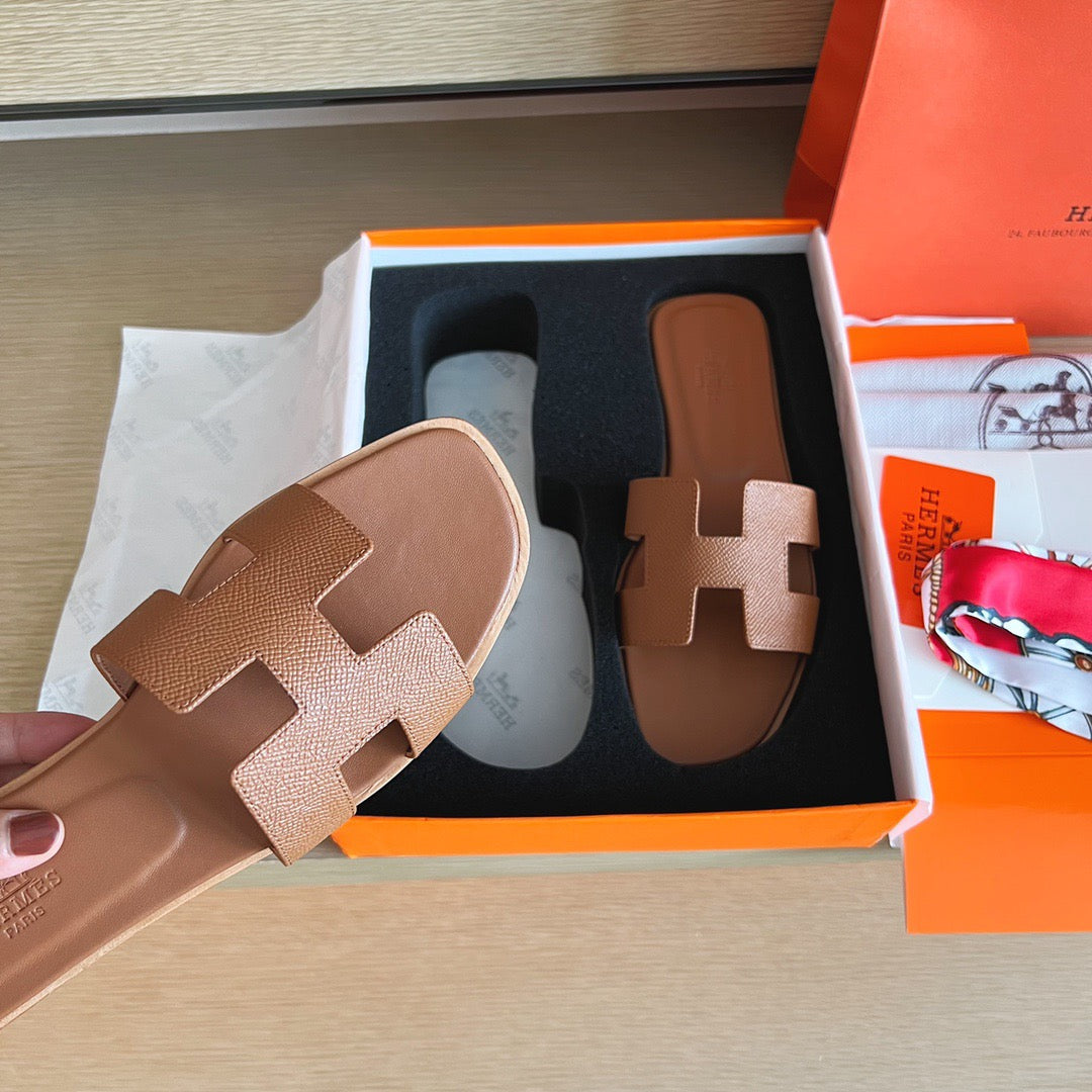 Hermès Oran Sandals Gold Brown Box Calfskin