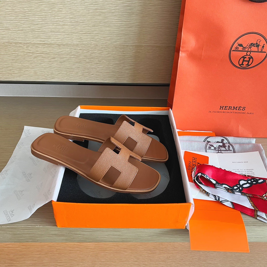 Hermès Oran Sandals Gold Brown Box Calfskin