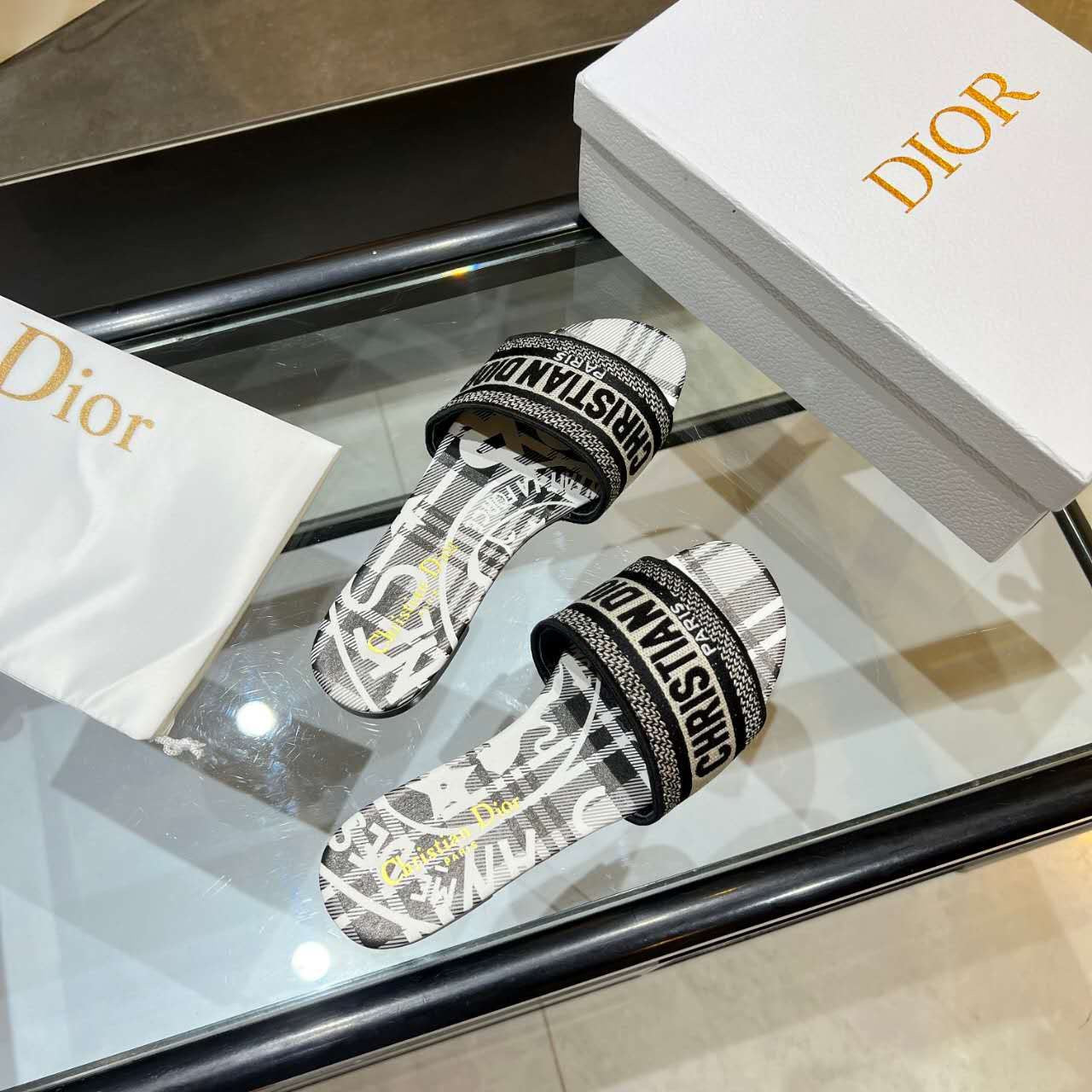 Dior Plaid Patterns Open Toe Casual Style Slides