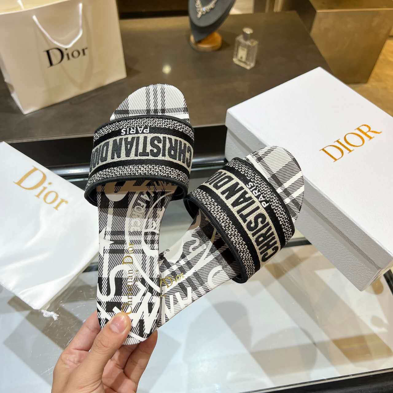 Dior Plaid Patterns Open Toe Casual Style Slides