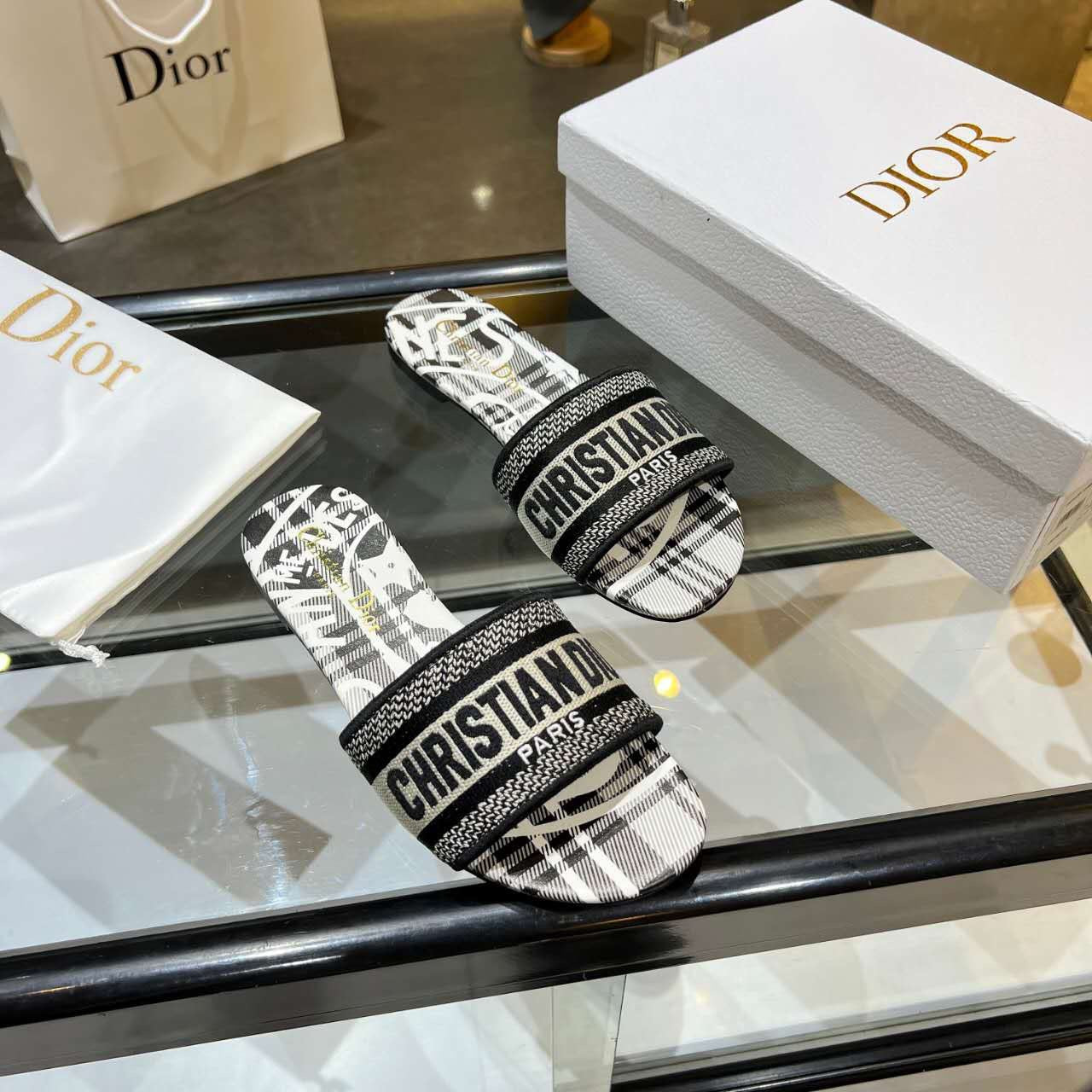 Dior Plaid Patterns Open Toe Casual Style Slides