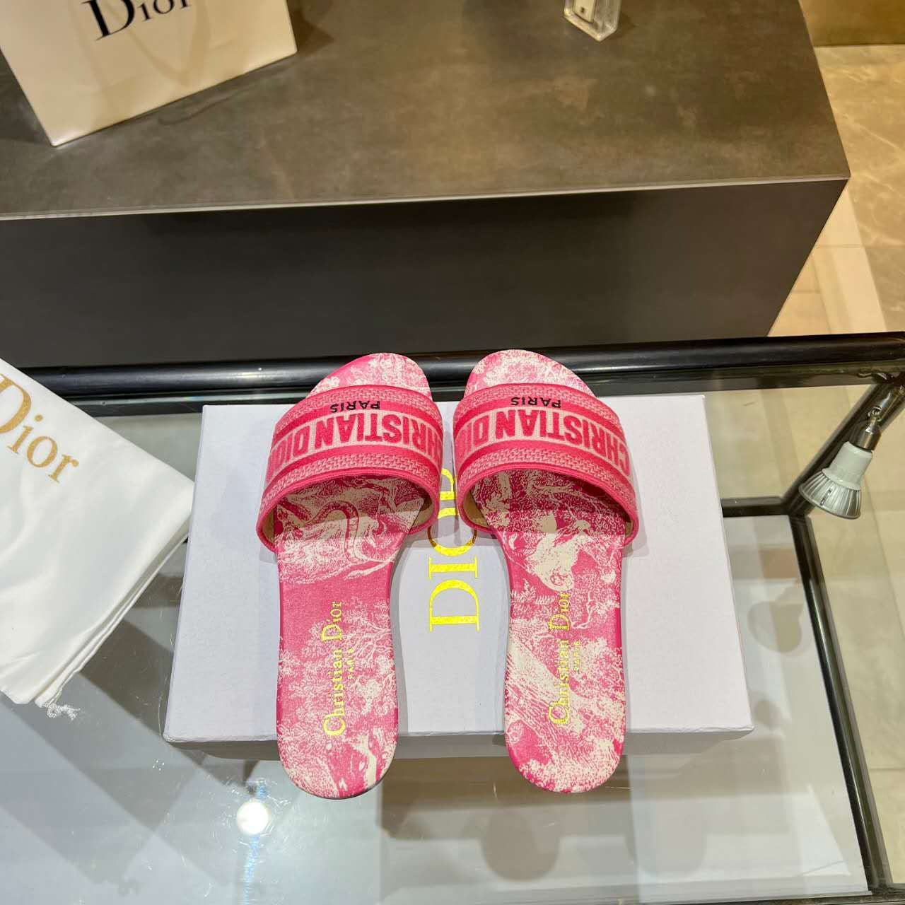 Dior Dway Slides Pink Toile De Jouy Embroiderered Canvas