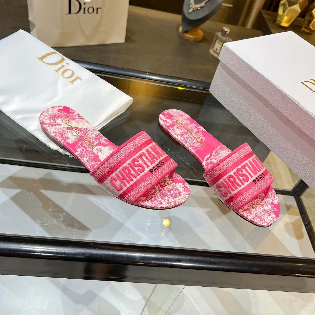 Dior Dway Slides Pink Toile De Jouy Embroiderered Canvas