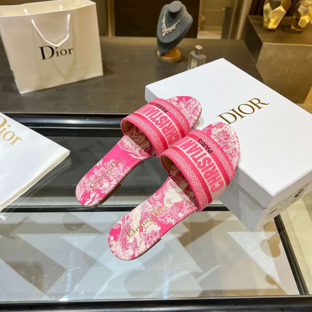 Dior Dway Slides Pink Toile De Jouy Embroiderered Canvas