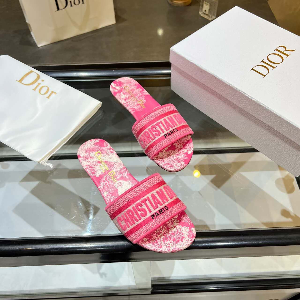 Dior Dway Slides Pink Toile De Jouy Embroiderered Canvas