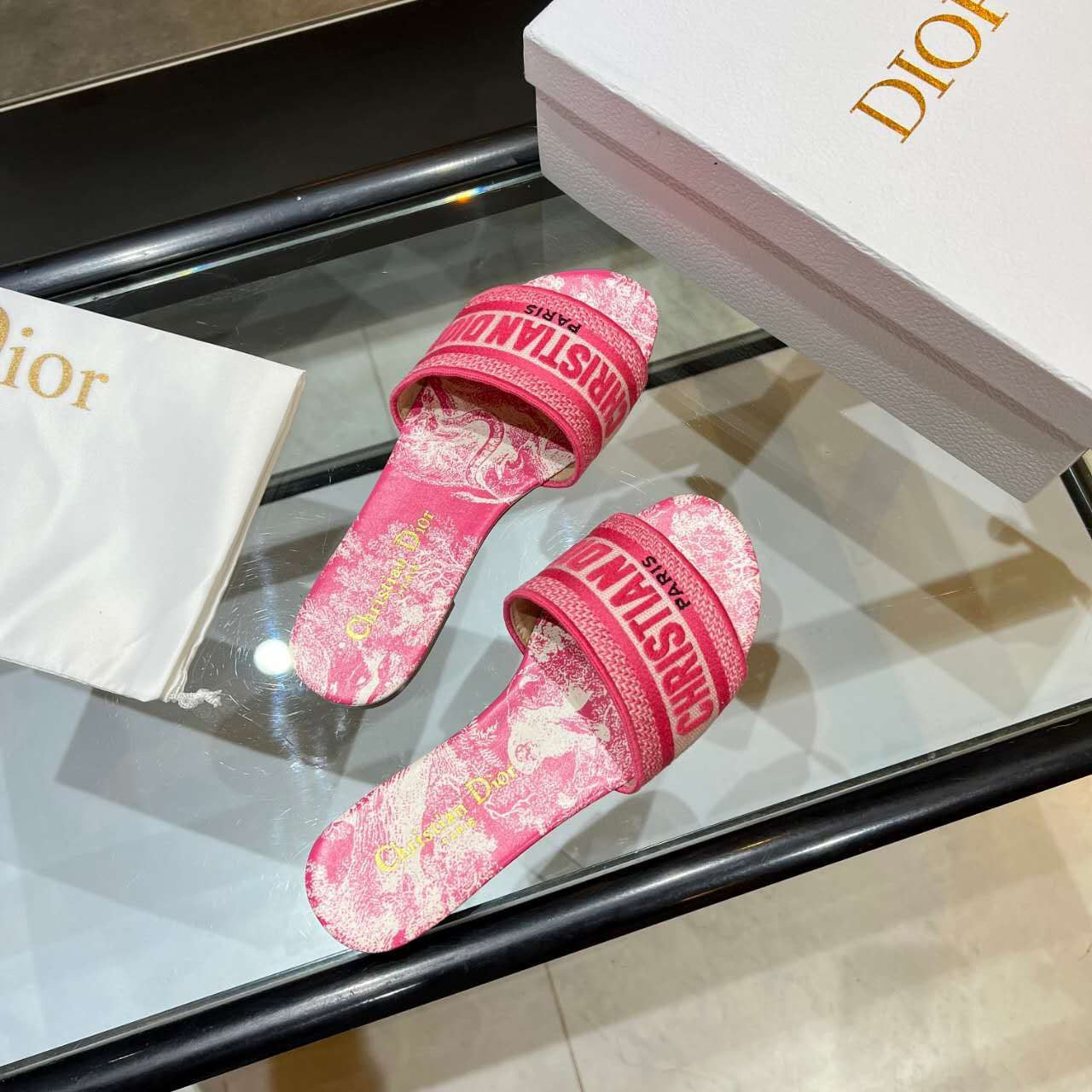 Dior Dway Slides Pink Toile De Jouy Embroiderered Canvas