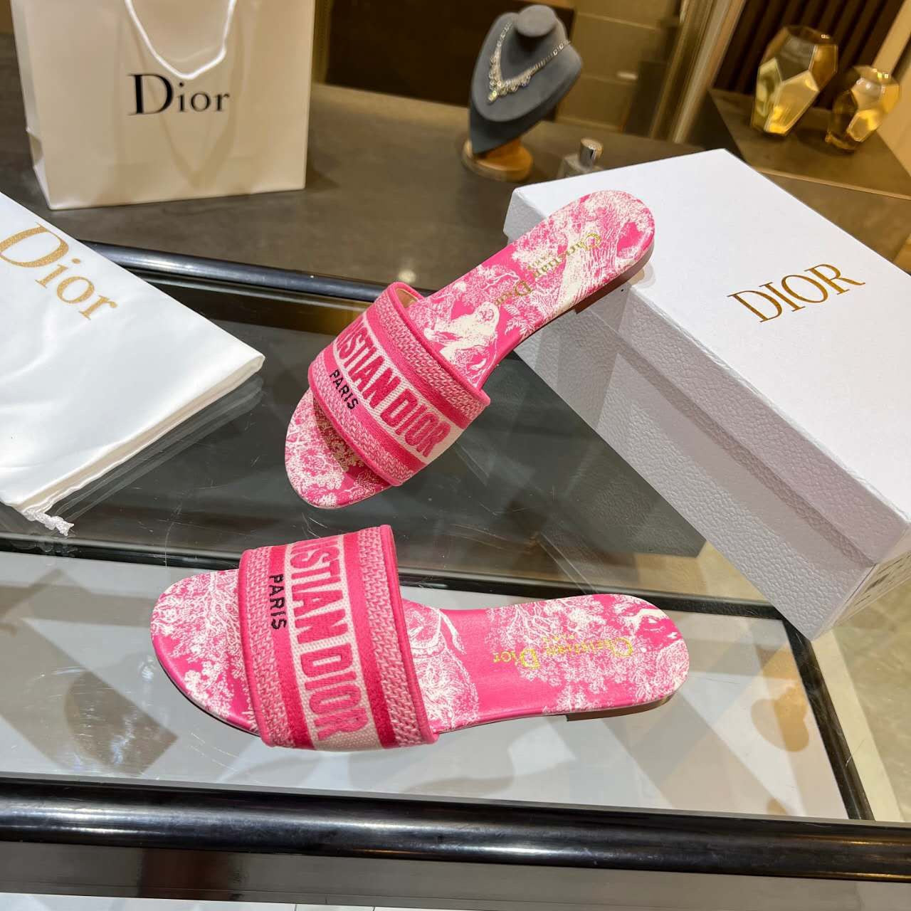 Dior Dway Slides Pink Toile De Jouy Embroiderered Canvas