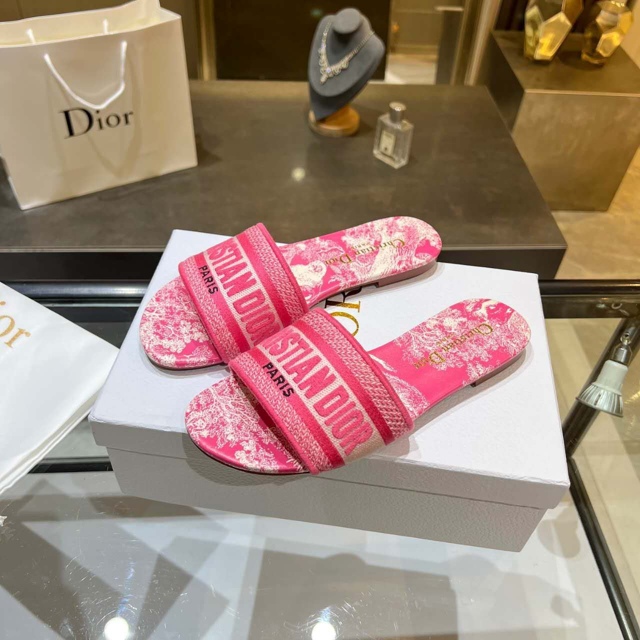 Dior Dway Slides Pink Toile De Jouy Embroiderered Canvas