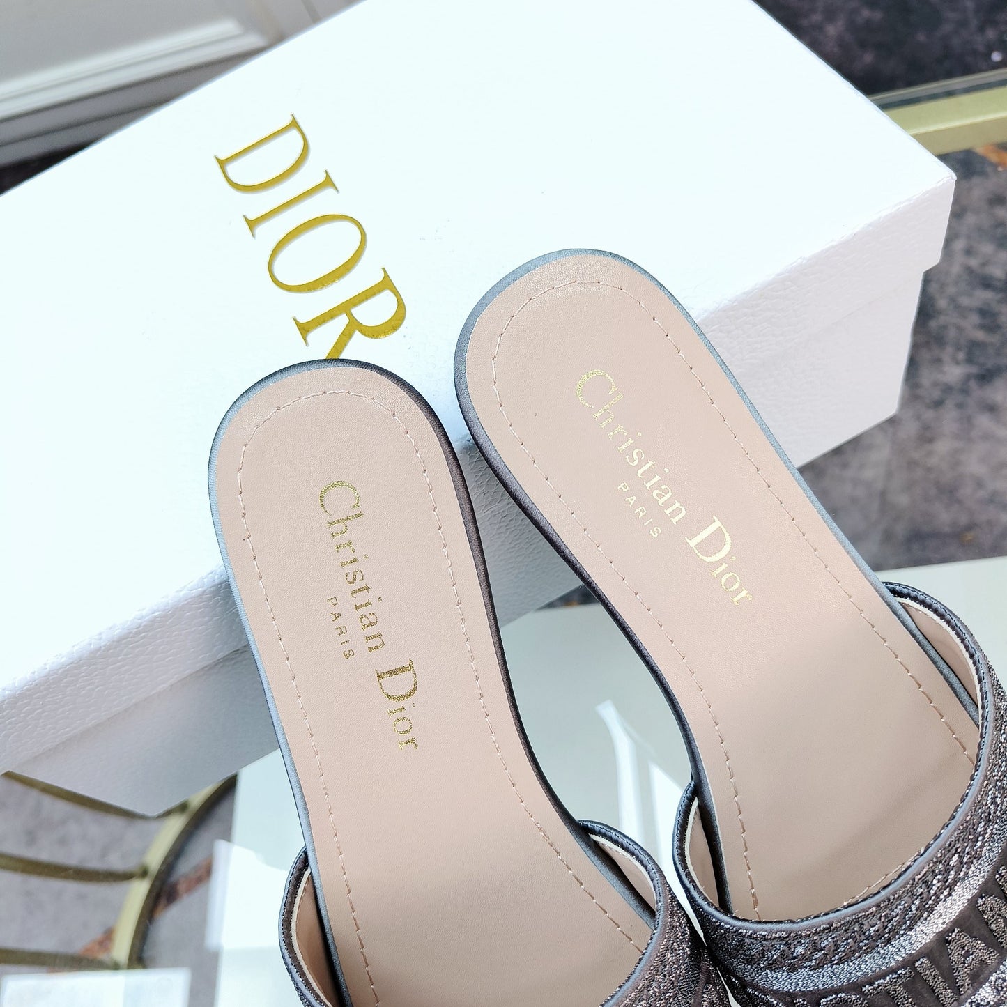 Dior Dway Slide With Blue Metallic Thread And Rhinestones