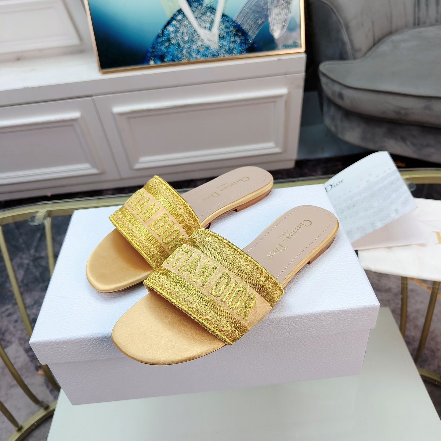 Dior Dway Yellow Embroidered Cotton Logo Slides