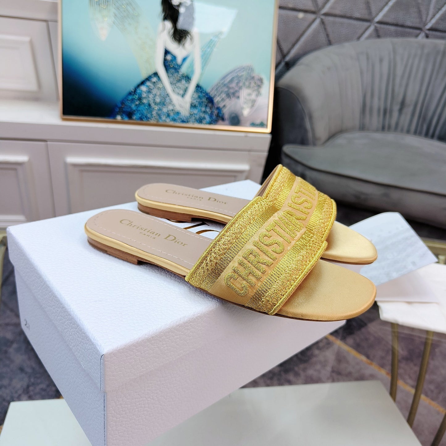 Dior Dway Yellow Embroidered Cotton Logo Slides