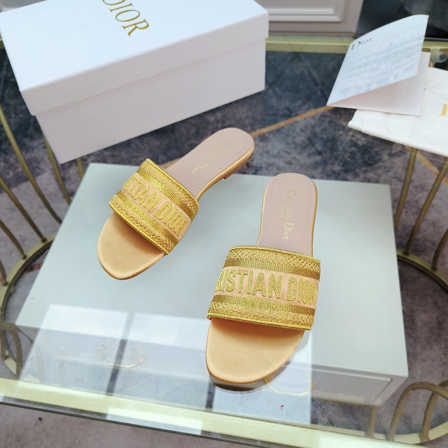 Dior Dway Yellow Embroidered Cotton Logo Slides