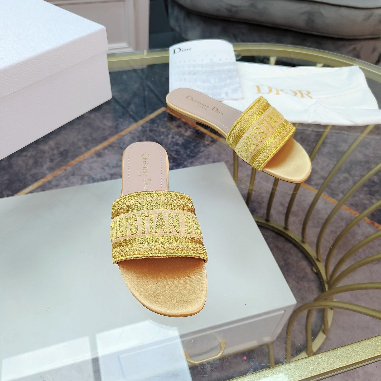 Dior Dway Yellow Embroidered Cotton Logo Slides